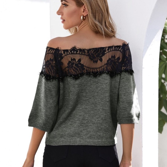 off shoulder lace knit short sleeve charcoal top - Picture 3 of 9